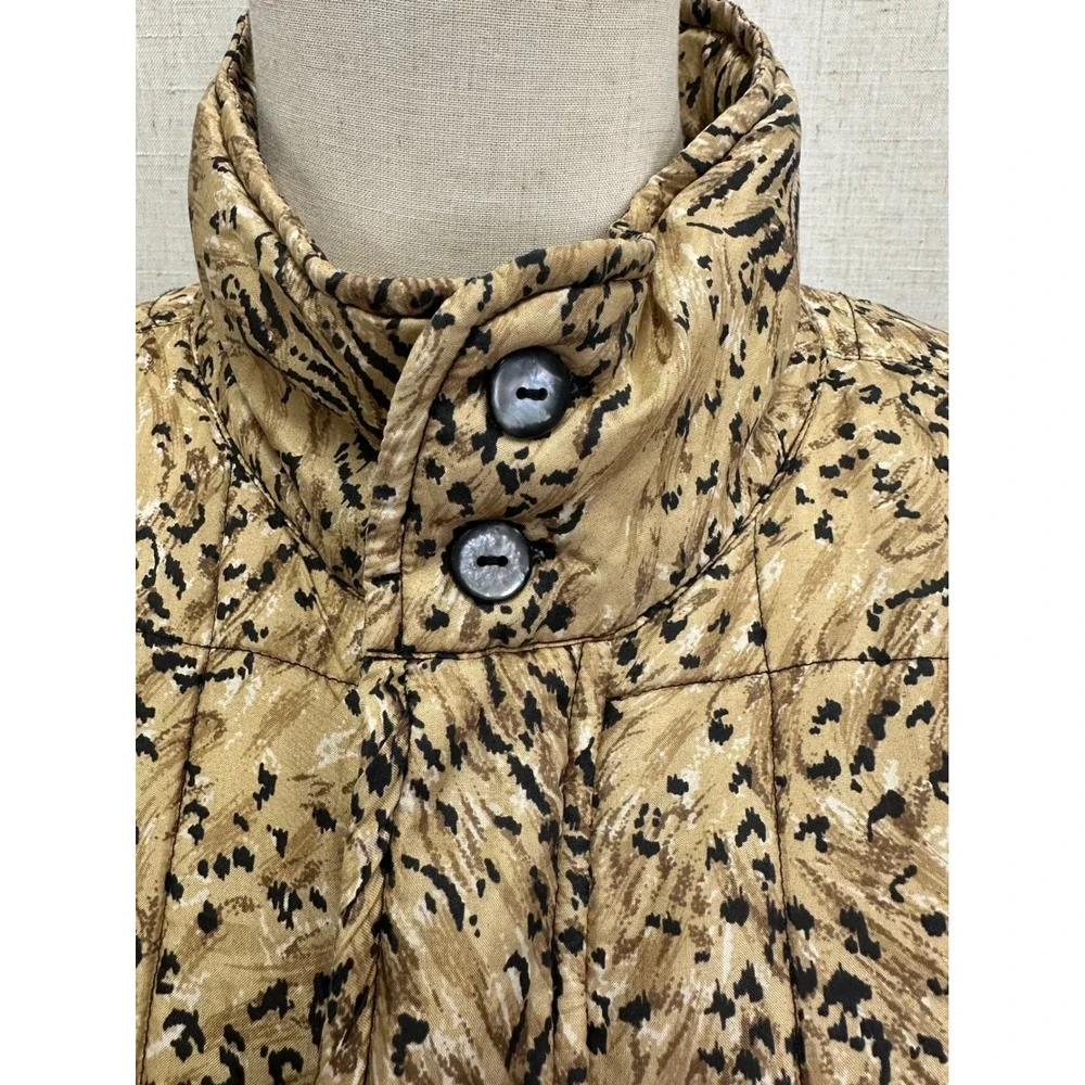 Clio Vintage 90s Quilted Jacket Medium Tan Vintage Animal Print Silk Puffer Coat - Picture 4 of 16